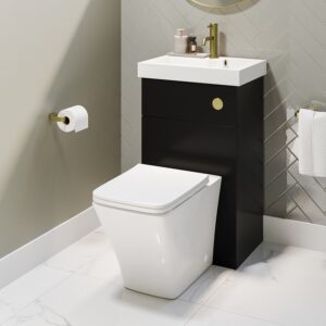 500mm Black Cloakroom Toilet and Sink Unit with Square Toilet and Brushed Brass Fittings - Valetta
