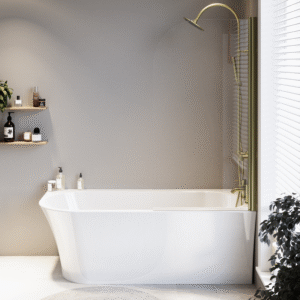 Freestanding Shower Bath Single Ended Right Hand Corner with Brushed Brass Bath Screen 1700 x 750mm - Vigo