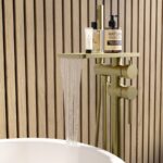Brushed Brass Freestanding Bath Shower Mixer with Shelf - Savannah