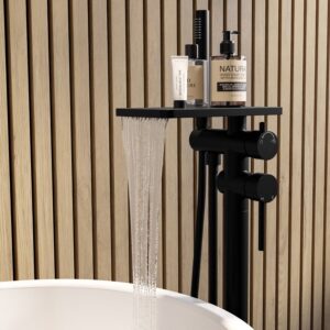 Matt Black Freestanding Bath Shower Mixer with Shelf - Savannah
