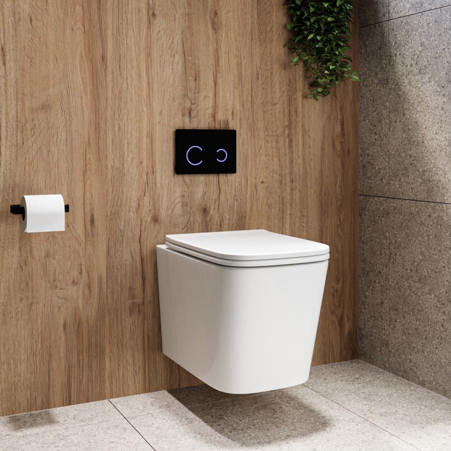 Albi Wall Hung Toilet 820mm Pneumatic Frame & Cistern & Black Glass Flush Plate - Image 2