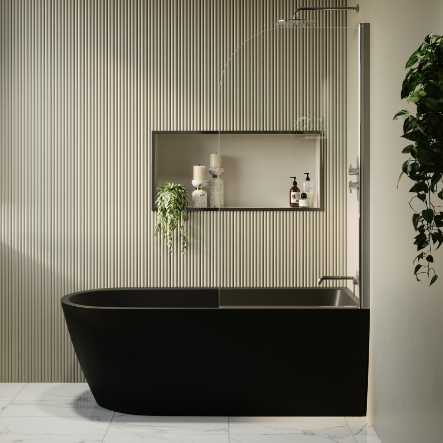 Matt Black Freestanding Shower Bath Single Ended Right Hand Corner with Chrome Bath Screen 1650 x 800mm - Amaro - Image 2