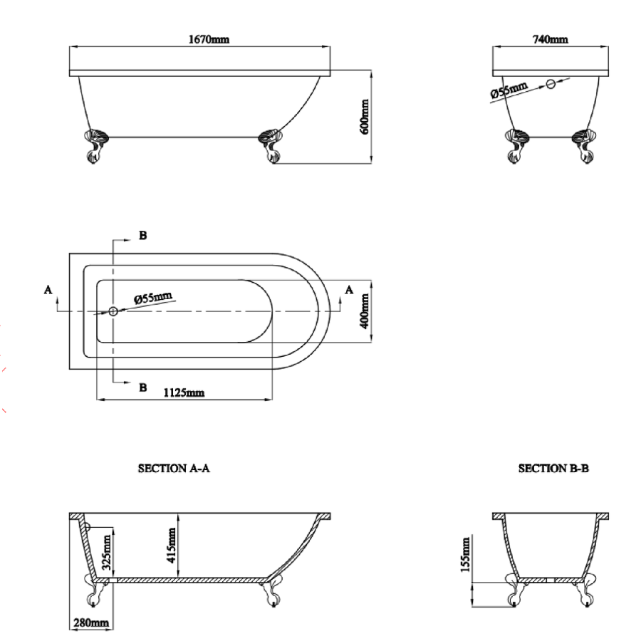 Freestanding Single Ended Shower Bath with Chrome Feet & Bath Screen 1670 x 740mm - Park Royal - Image 2