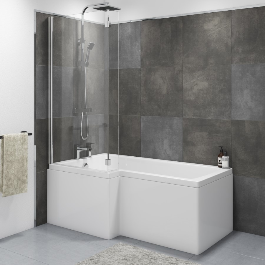 L Shape Shower Bath Left Hand with Front Panel & Chrome Bath Screen 1500 x 850mm - Lomax - Image 2