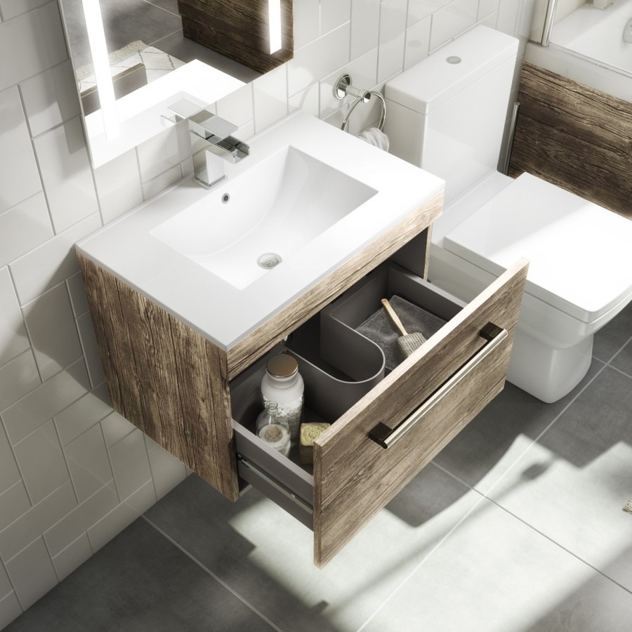 600mm Wood Effect Wall Hung Vanity Unit with Basin - Ashford - Image 2