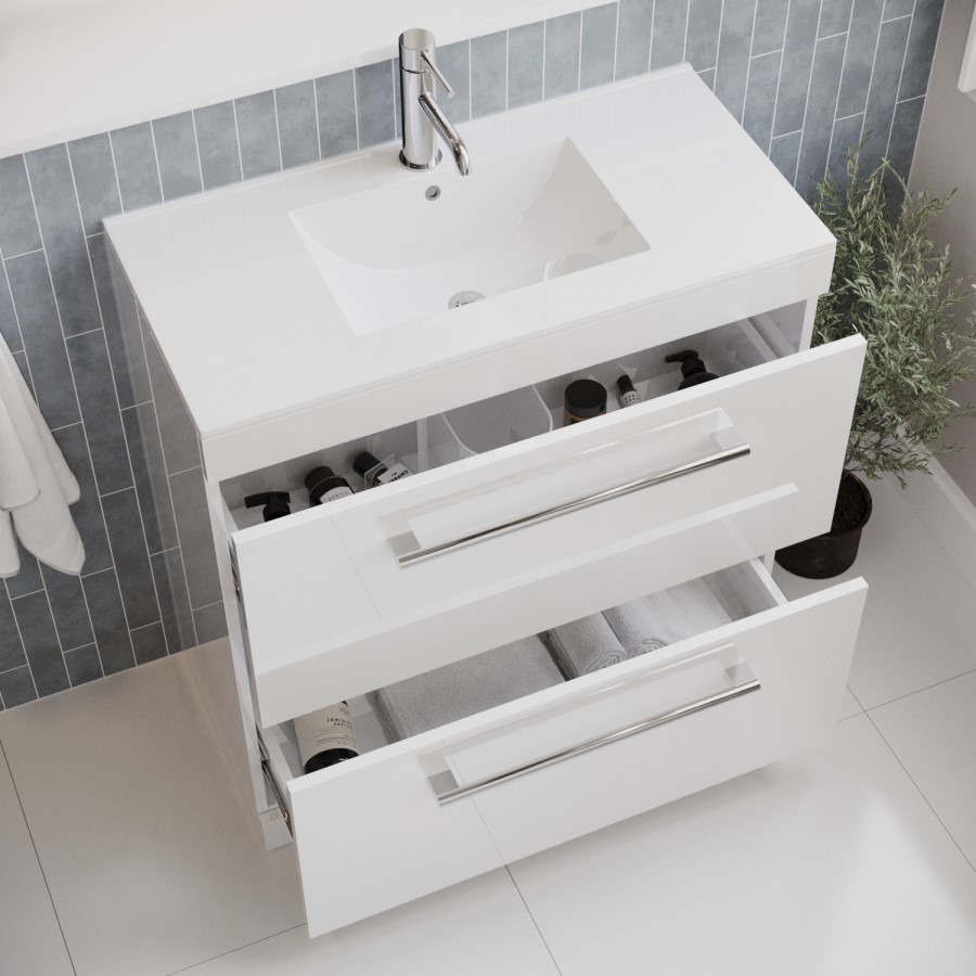800mm White Freestanding Vanity Unit with Basin and Chrome Handles - Ashford - Image 2