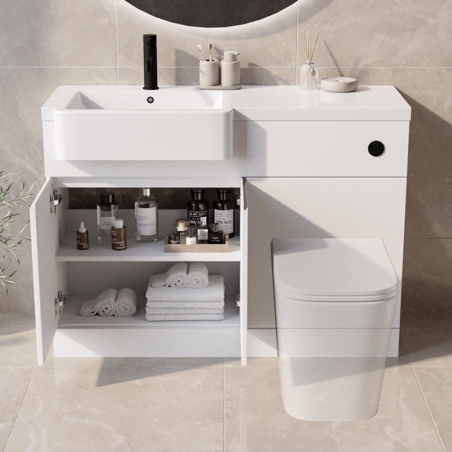 1100mm White Left Hand Toilet and Sink Unit with Black Fittings - Unit & Basin Only - Bali - Image 2