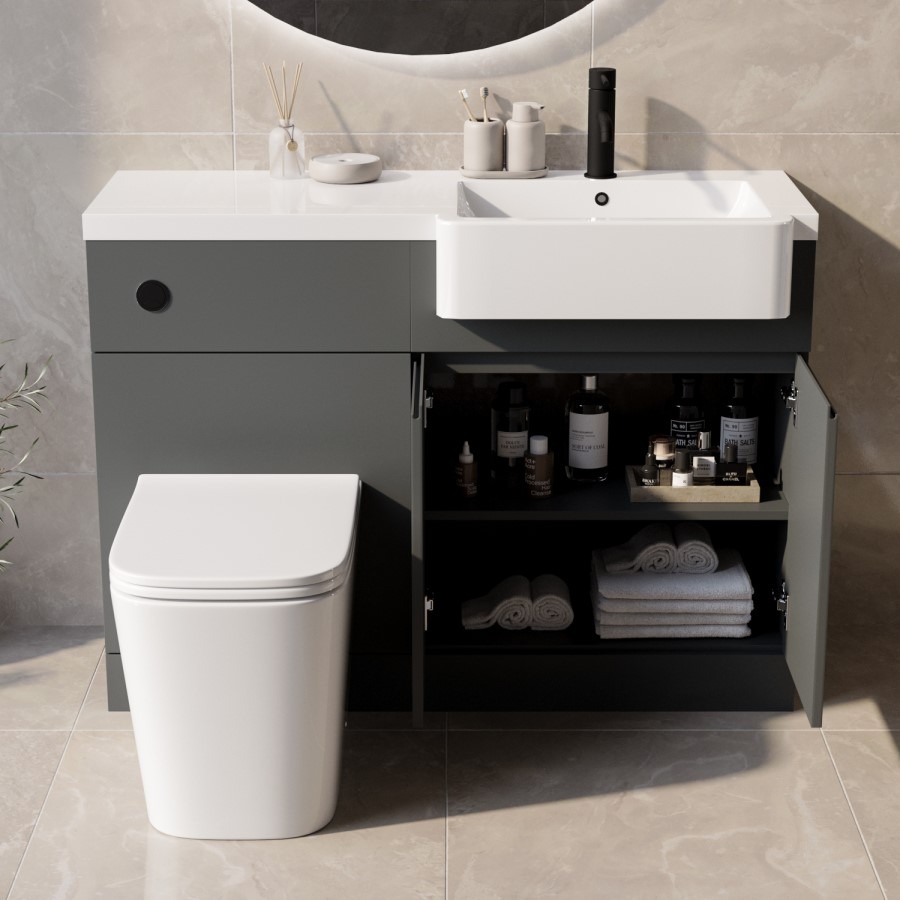 1100mm Grey Right Hand Toilet and Sink Unit with Square Toilet and Black Fittings - Bali - Image 2