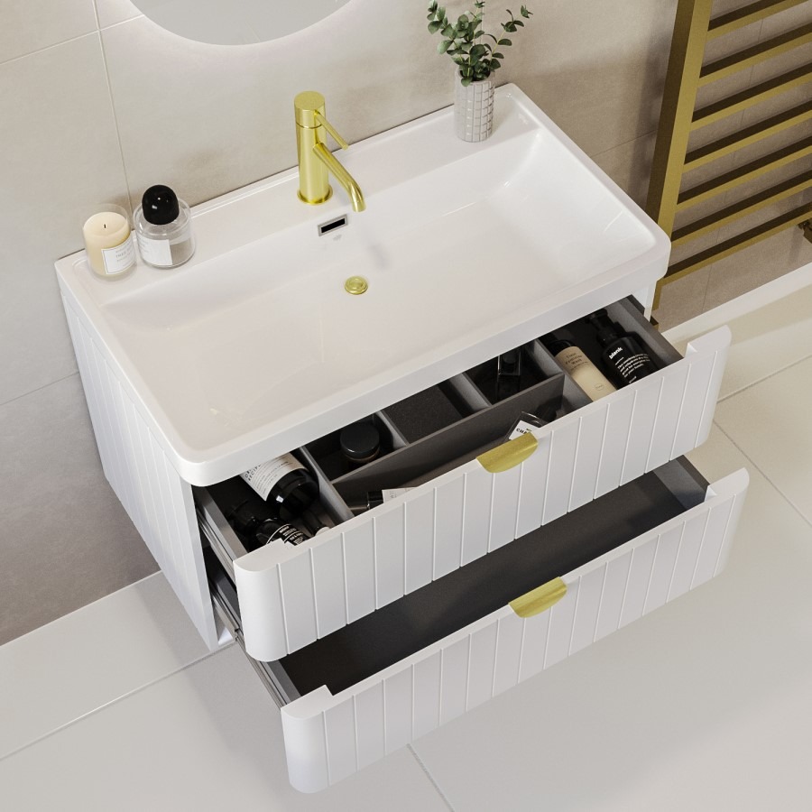800mm White Wall Hung Vanity Unit with Basin and Brass Handles - Empire - Image 2