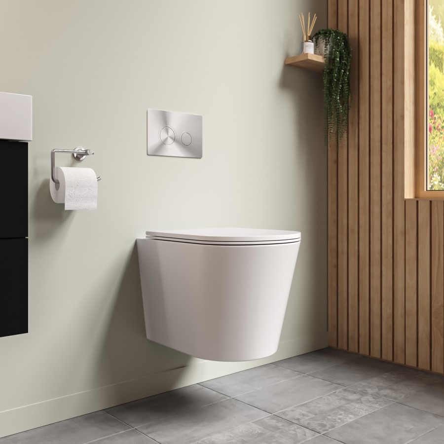 Matt White Wall Hung Rimless Toilet with Soft Close Seat Grohe Cistern Frame and Chrome Flush - Verona - Image 2