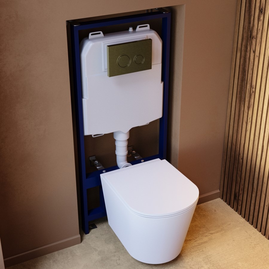 White Wall Hung Rimless Toilet with Soft Close Seat Cistern Frame and Brushed Brass Flush - Verona - Image 2
