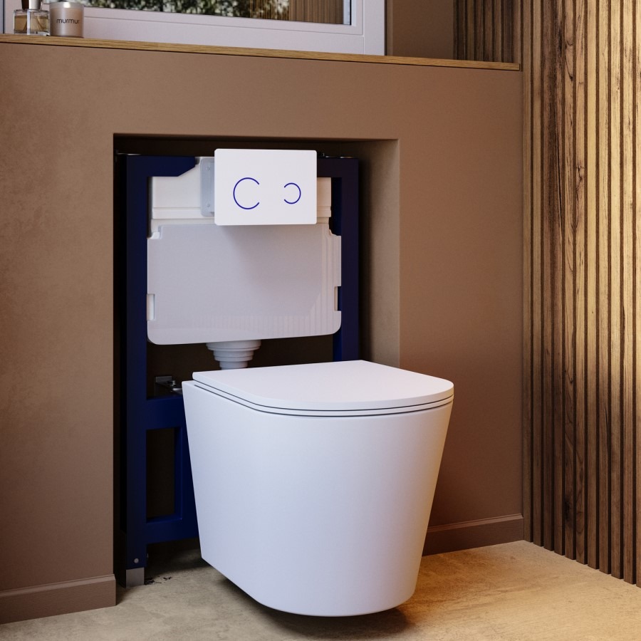 Matt White Wall Hung Rimless Toilet with Soft Close Seat White Glass Sensor Pneumatic Flush Plate 820mm Frame & Cistern - Verona - Image 2
