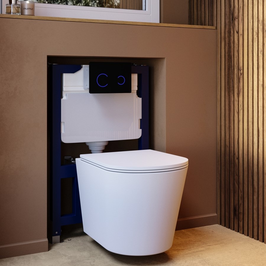 Matt White Wall Hung Rimless Toilet with Soft Close Seat Black Glass Sensor Pneumatic Flush Plate 820mm Frame & Cistern - Verona - Image 2