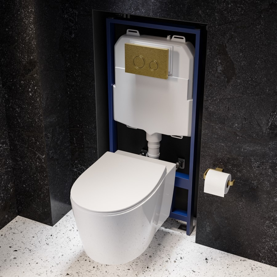 Wall Hung Toilet with Soft Close Seat Frame Cistern and Brass Flush - Alcor - Image 2