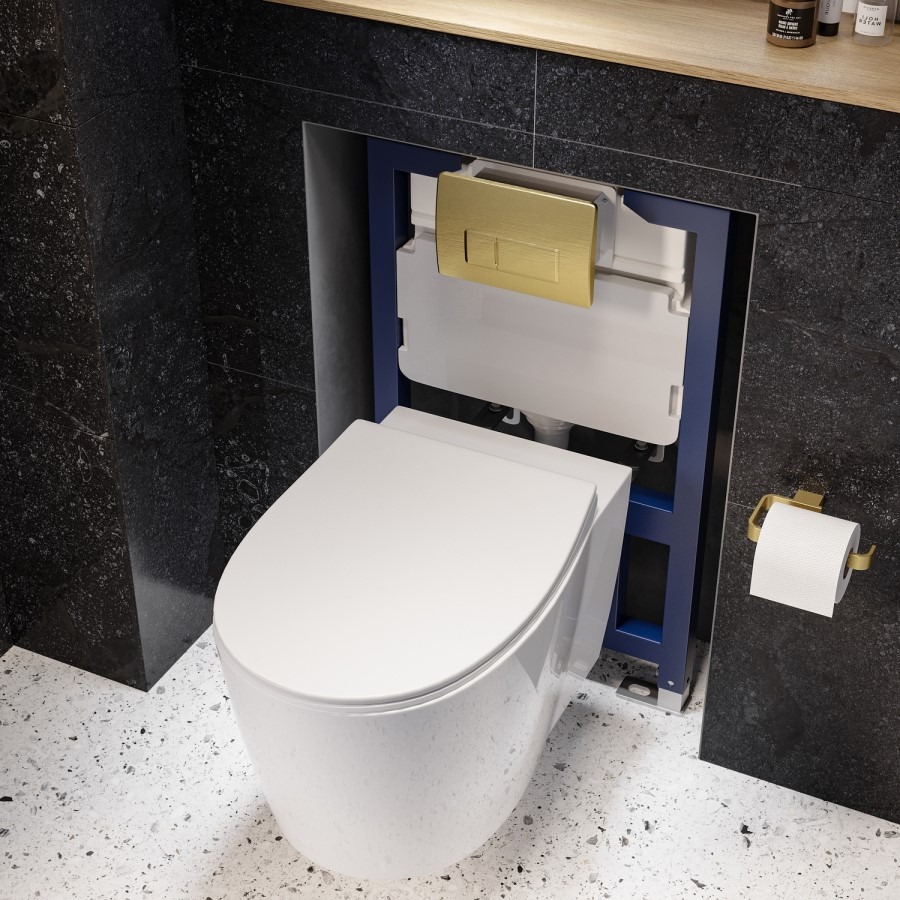 Wall Hung Toilet with Soft Close Seat Brushed Brass Pneumatic Flush Plate 820mm Frame & Cistern - Alcor - Image 2