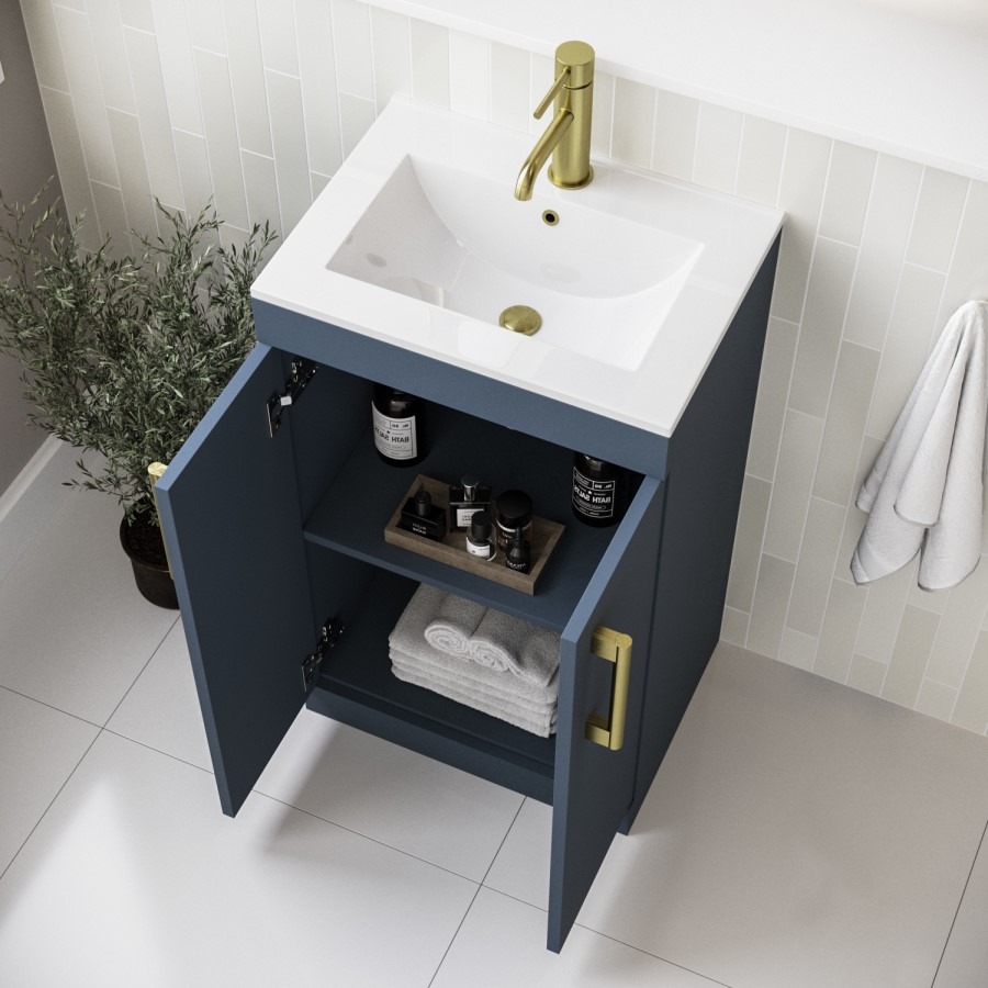 600mm Blue Freestanding Vanity Unit with Basin and Brass Handle - Ashford - Image 2