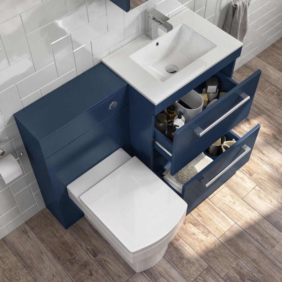 1100mm Blue Square Toilet and Sink Unit with Chrome Fittings - Ashford - Image 2