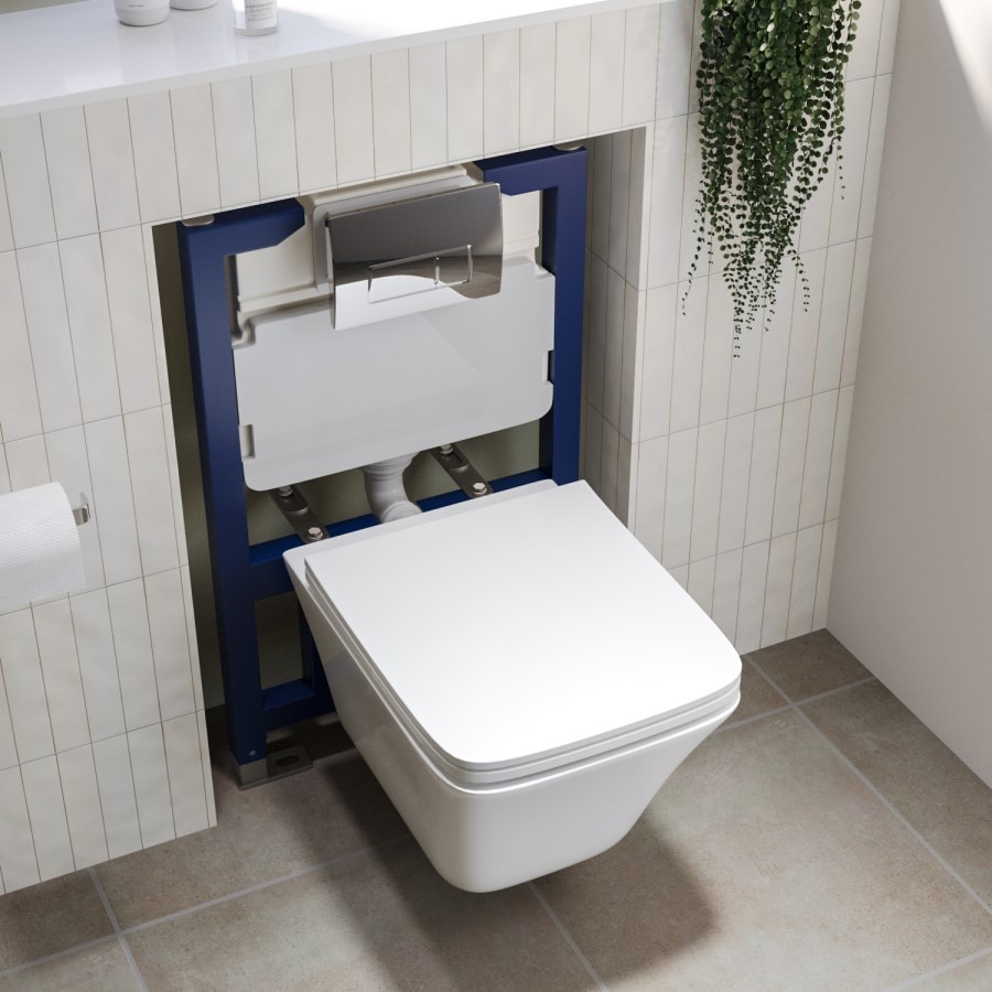 Wall Hung Toilet with Soft Close Seat Chrome Pneumatic Flush Plate 820mm Frame & Cistern - Boston - Image 2