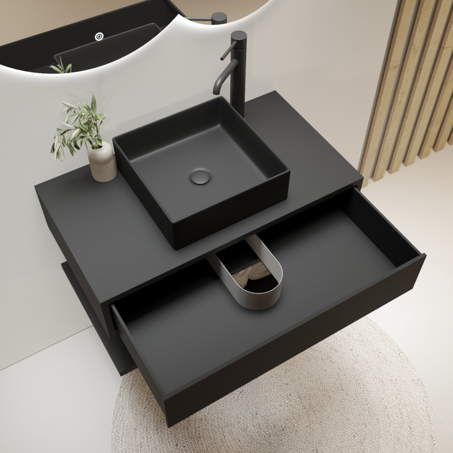800mm Black Wall Hung Countertop Vanity Unit with Black Square Basin and Shelf - Lugo - Image 2