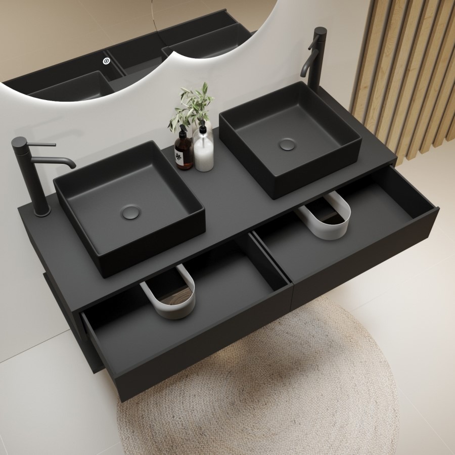 1200mm Black Wall Hung Countertop Double Vanity Unit with Black Square Basins and Shelf - Lugo - Image 2