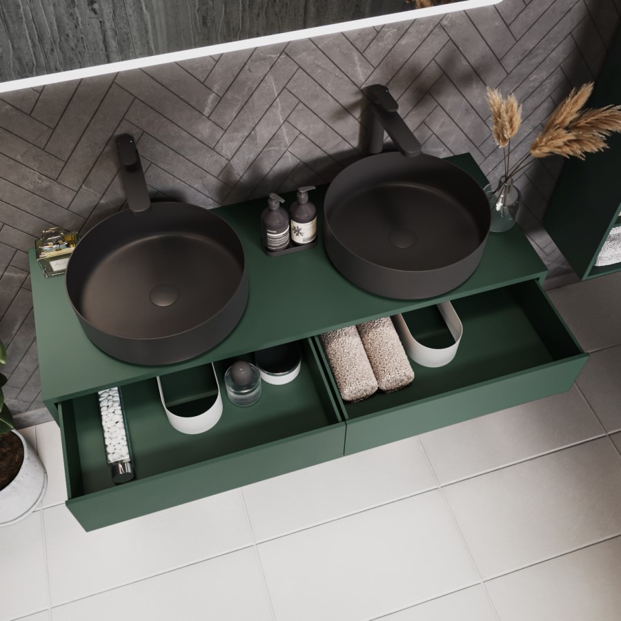 1200mm Green Wall Hung Countertop Double Vanity Unit with Black Basins and Shelf - Lugo - Image 2