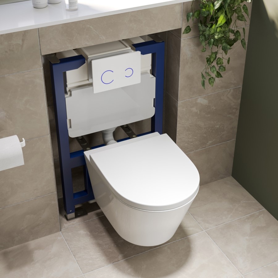 Wall Hung Toilet with Soft Close Seat White Glass Sensor Pneumatic Flush Plate 820mm Frame & Cistern - Newport - Image 2