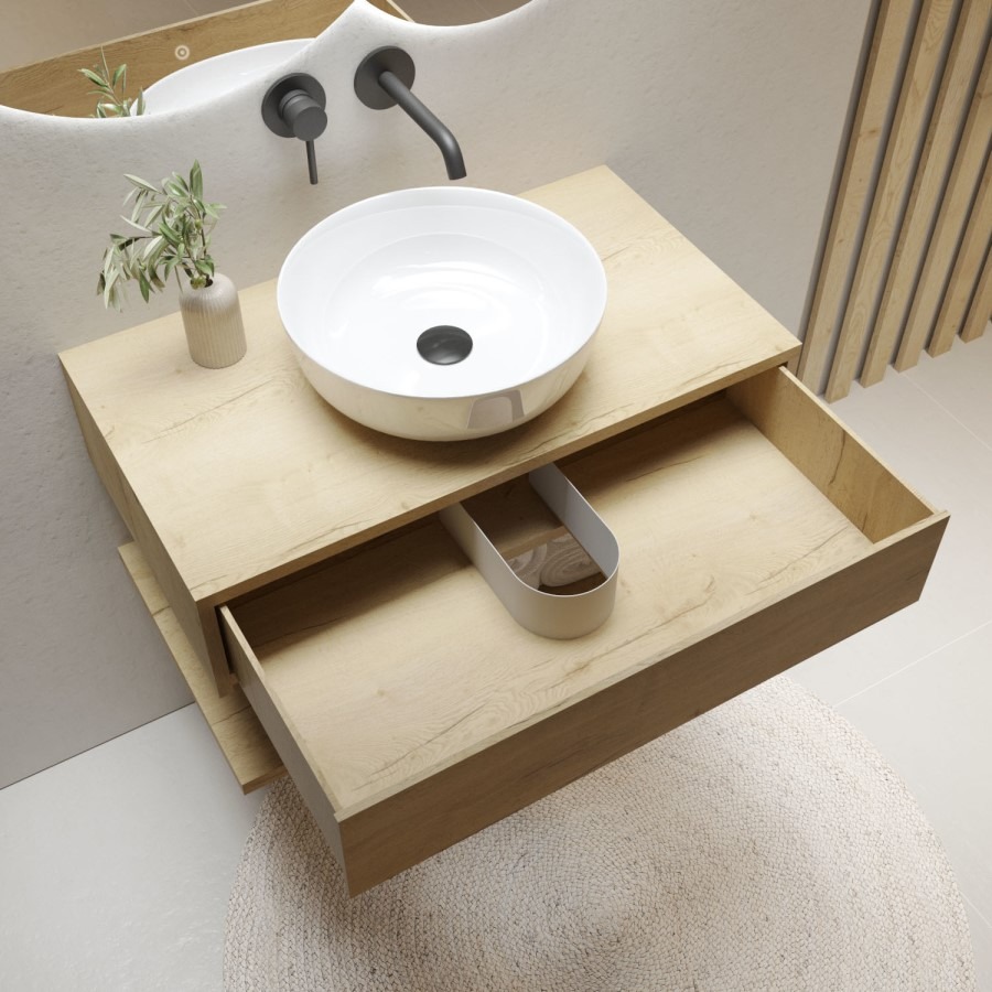 800mm Wood Effect Wall Hung Countertop Vanity Unit with Round Basin and Shelf - Lugo - Image 2