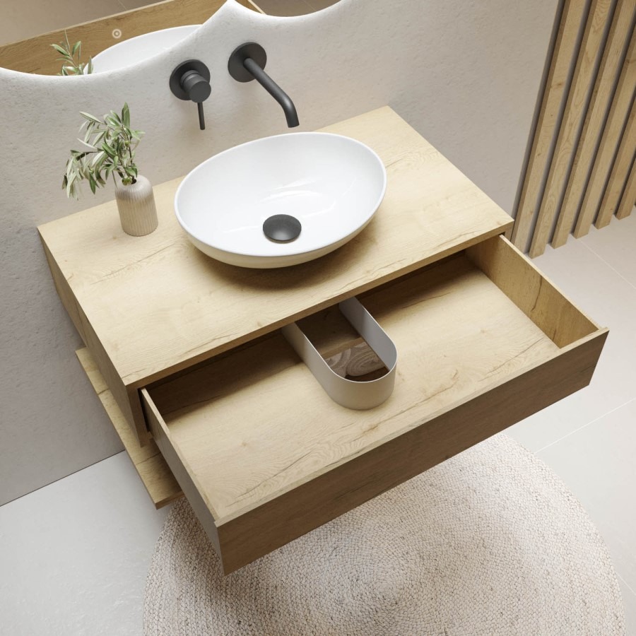 800mm Wood Effect Wall Hung Countertop Vanity Unit with Oval Basin and Shelf - Lugo - Image 2