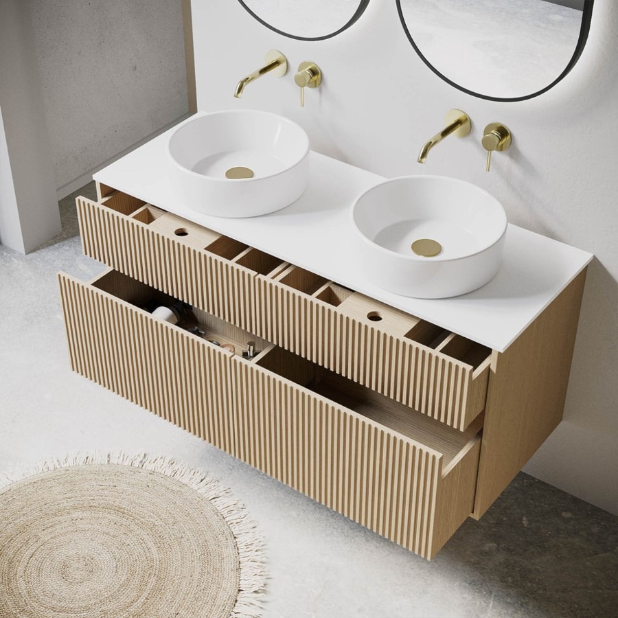 1250mm Wooden Fluted Wall Hung Double Countertop Vanity Unit with Round Basins - Matira - Image 2