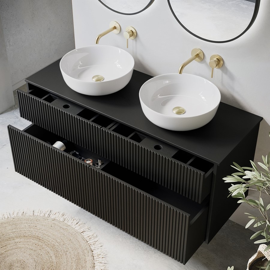 1250mm Black Wooden Fluted Wall Hung Countertop Double Vanity Unit with Round Basin - Matira - Image 2