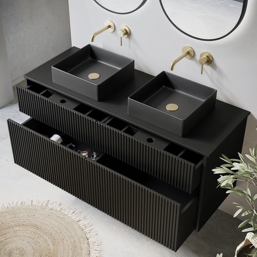1250mm Black Wooden Fluted Wall Hung Countertop Double Vanity Unit with Black Square Basin - Matira - Image 2