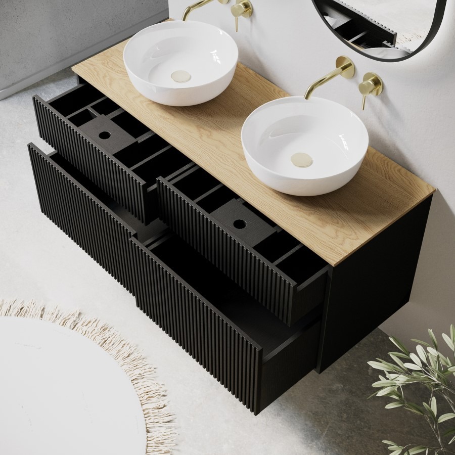 1250mm Black Wooden Fluted Wall Hung Countertop Double Vanity Unit with Wood Effect Worktop and Round Basin - Matira - Image 2