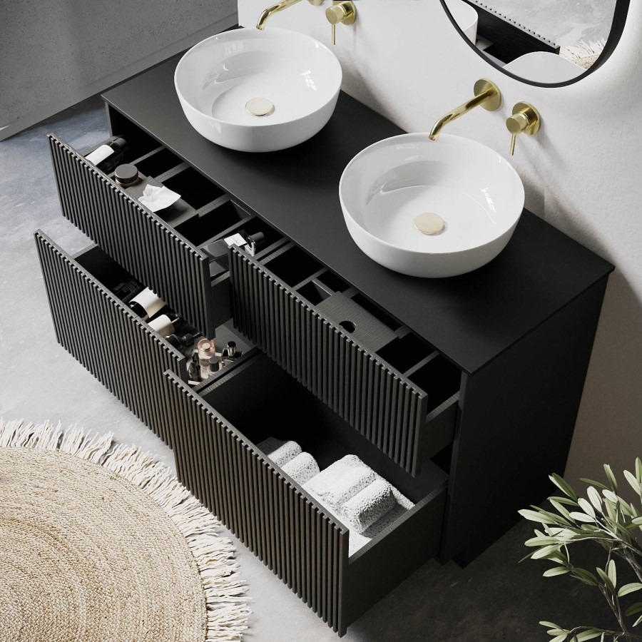 1250mm Black Wooden Freestanding Countertop Double Vanity Unit with Round Basin - Matira - Image 2