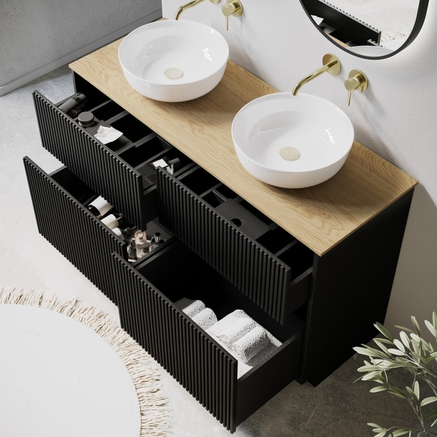1250mm Black Wooden Freestanding Countertop Double Vanity Unit with Wood Effect Worktop and Round Basin - Matira - Image 2