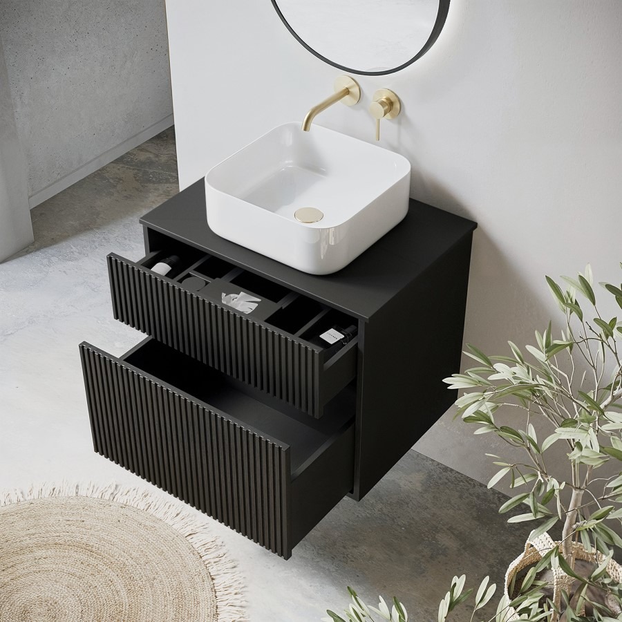 650mm Black Wooden Fluted Wall Hung Countertop Vanity Unit with Square Basin - Matira - Image 2