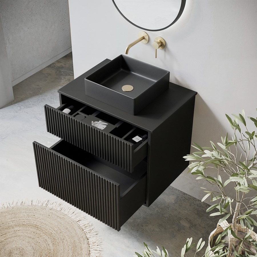 650mm Black Wooden Fluted Wall Hung Countertop Vanity Unit with Black Square Basin - Matira - Image 2