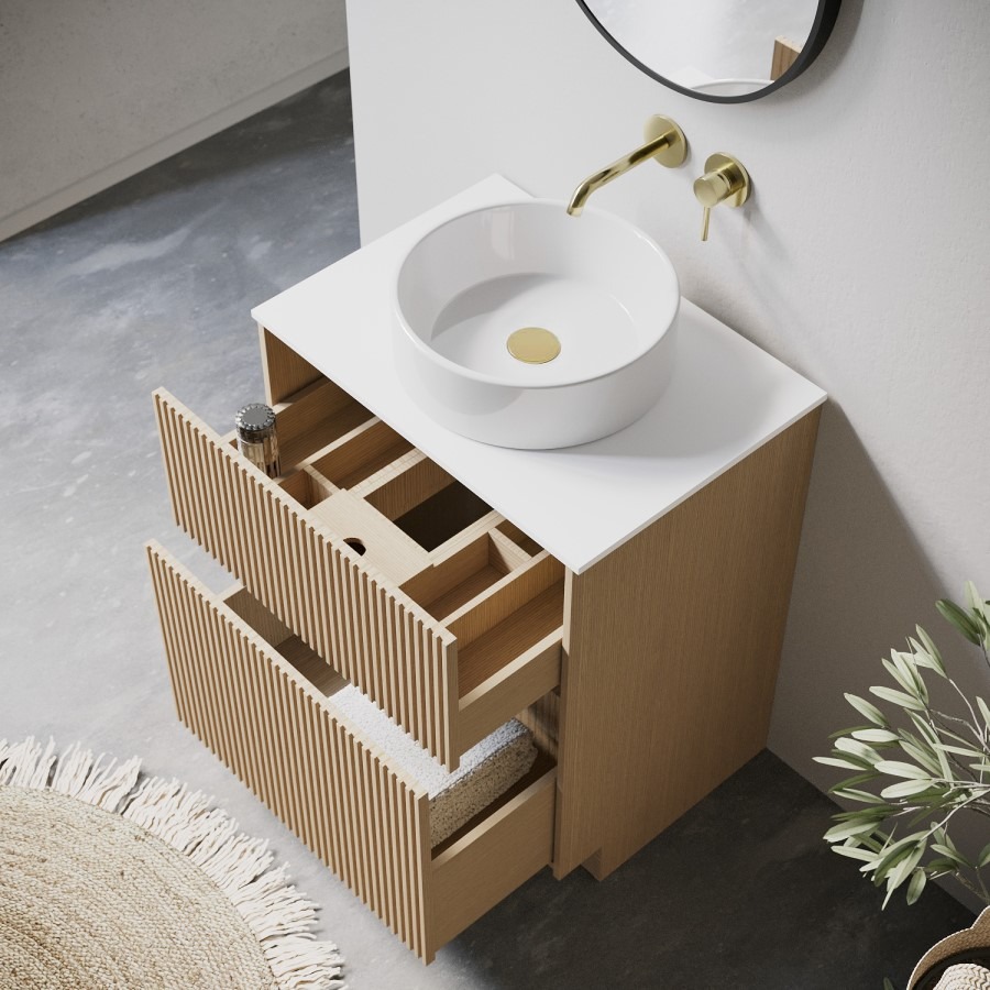 650mm Wooden Fluted Freestanding Countertop Vanity Unit with Round Basin - Matira - Image 2