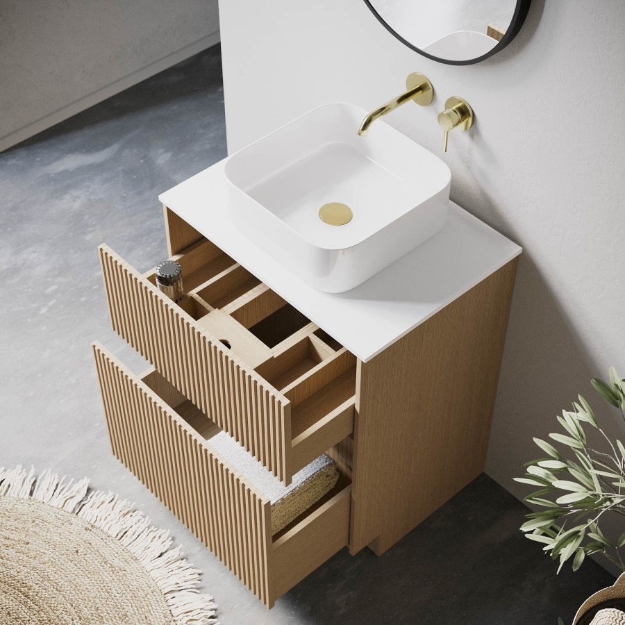 650mm Wooden Fluted Freestanding Countertop Vanity Unit with Square Basin - Matira - Image 2