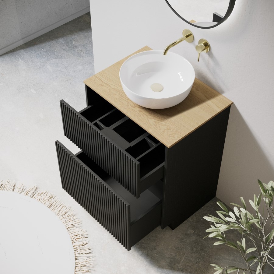 650mm Black Wooden Freestanding Countertop Vanity Unit with Wood Effect Worktop and Round Basin- Matira - Image 2