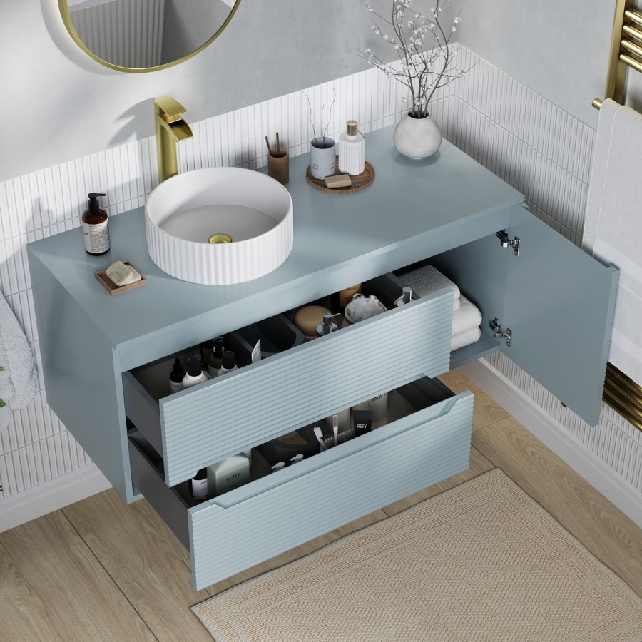 1200mm Blue Fluted Wall Hung Countertop Vanity Unit with Basin - Melbourne - Image 2