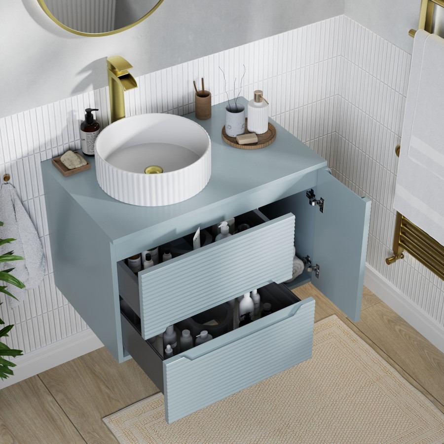 800mm Blue Fluted Wall Hung Countertop Vanity Unit with Basin - Melbourne - Image 2
