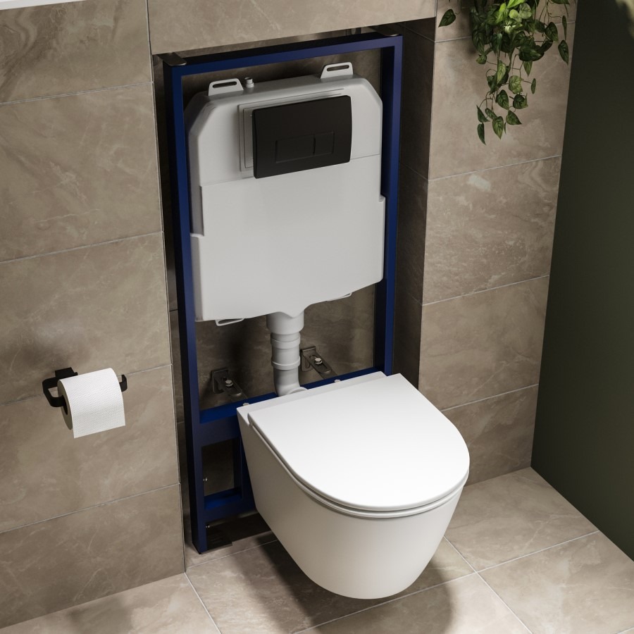 Matt White Wall Hung Rimless Toilet with Soft Close Seat, Matt Black Pneumatic Flush Plate, 1170mm Frame & Cistern - Newport - Image 2