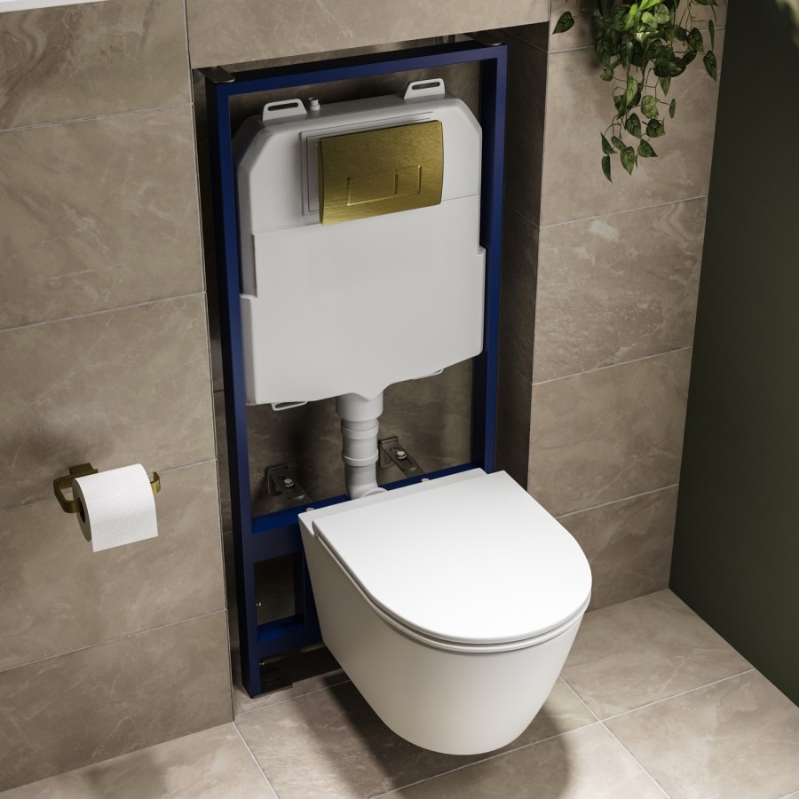 Matt White Wall Hung Rimless Toilet with Soft Close Seat, Brushed Brass Pneumatic Flush Plate, 1170mm Frame & Cistern - Newport - Image 2