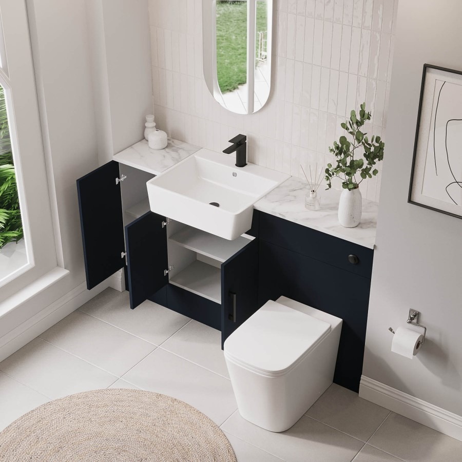 1500mm Blue Toilet and Sink Unit with Storage Unit & Black Fittings - Ontario - Image 2
