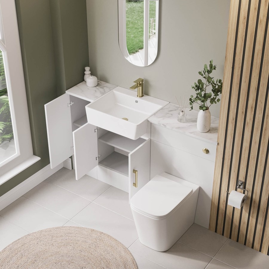 1500mm White Toilet and Sink Unit with Storage Unit & Brass Fittings - Ontario - Image 2