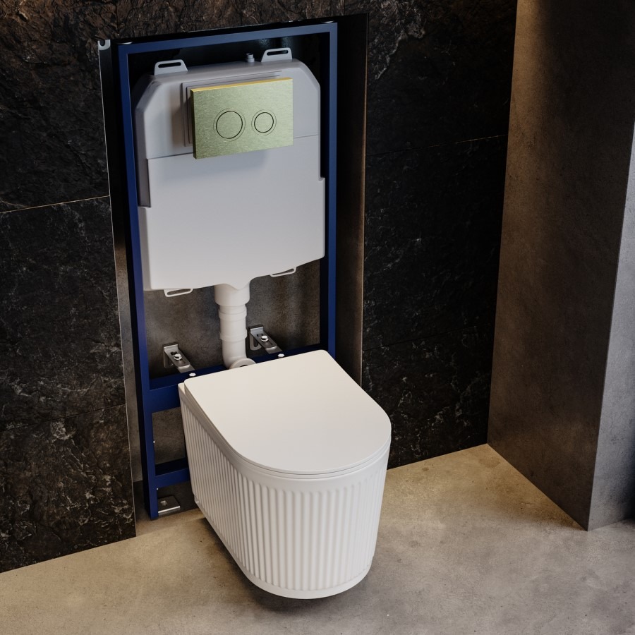Fluted Wall Hung Toilet with Soft Close Seat, Brushed Brass Mechanical Flush Plate, 1160mm Frame & Cistern - Oregon - Image 2
