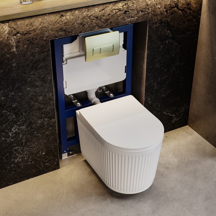 Fluted Wall Hung Toilet with Soft Close Seat, Brushed Brass Pneumatic Flush Plate, 820mm Frame & Cistern - Oregon - Image 2
