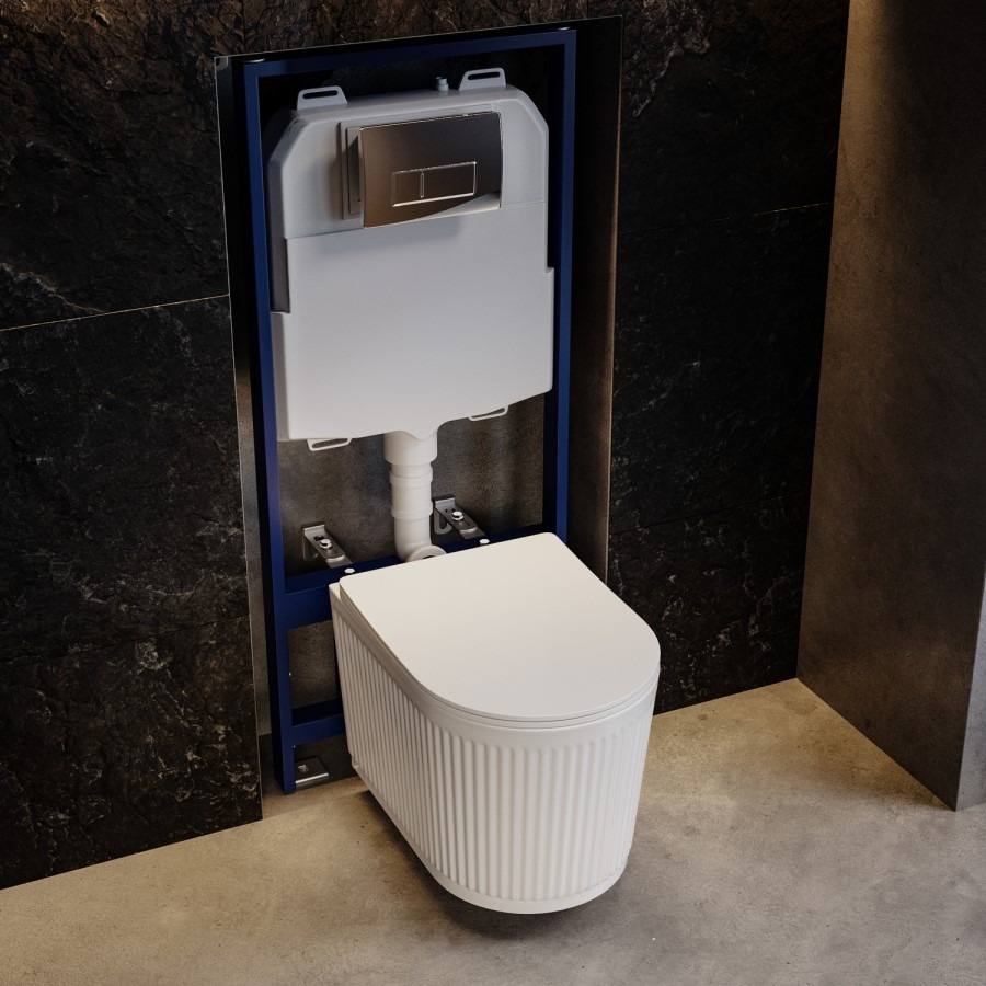 Fluted Wall Hung Toilet with Soft Close Seat, Chrome Pneumatic Flush Plate, 1160mm Frame & Cistern - Oregon - Image 2