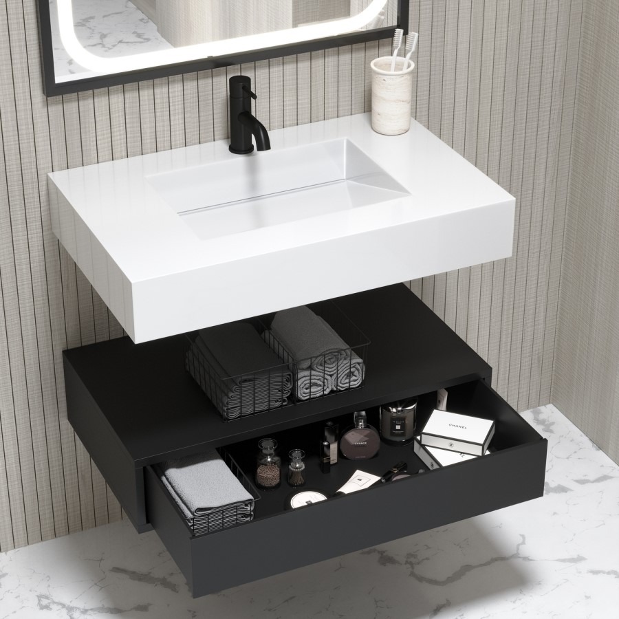 800mm Black Wall Hung Vanity Unit with Rectangular Basin - Oslo - Image 2