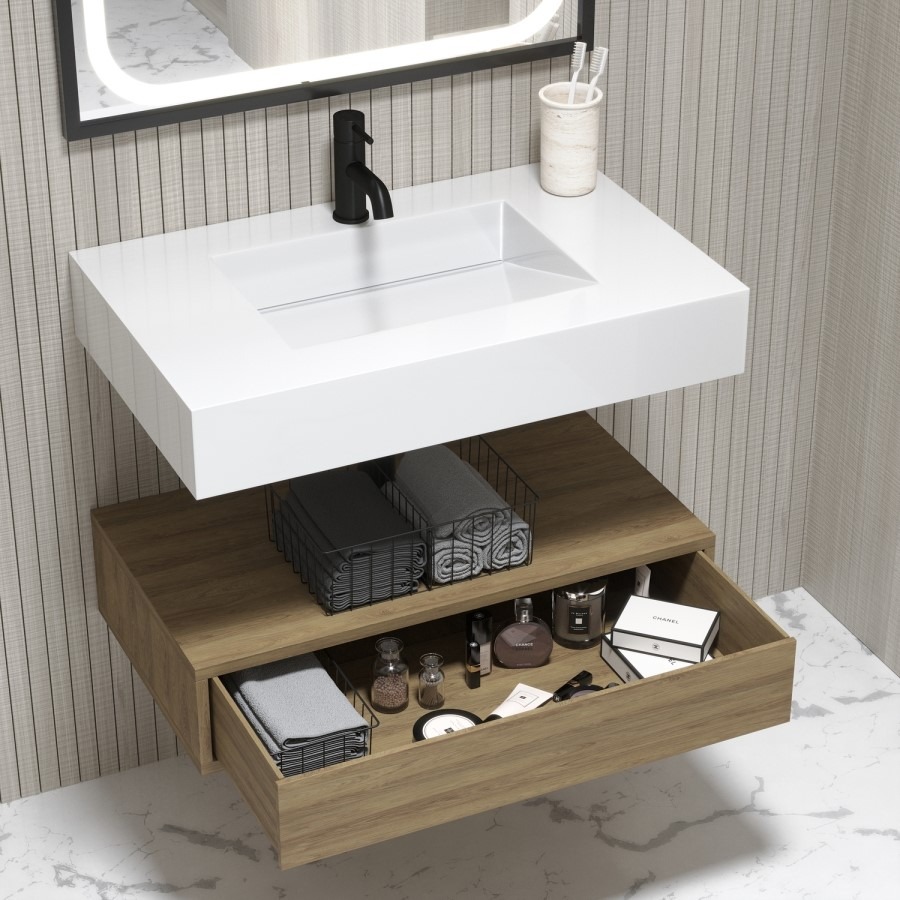 800mm Wood Effect Wall Hung Vanity Unit with Rectangular Basin - Oslo - Image 2